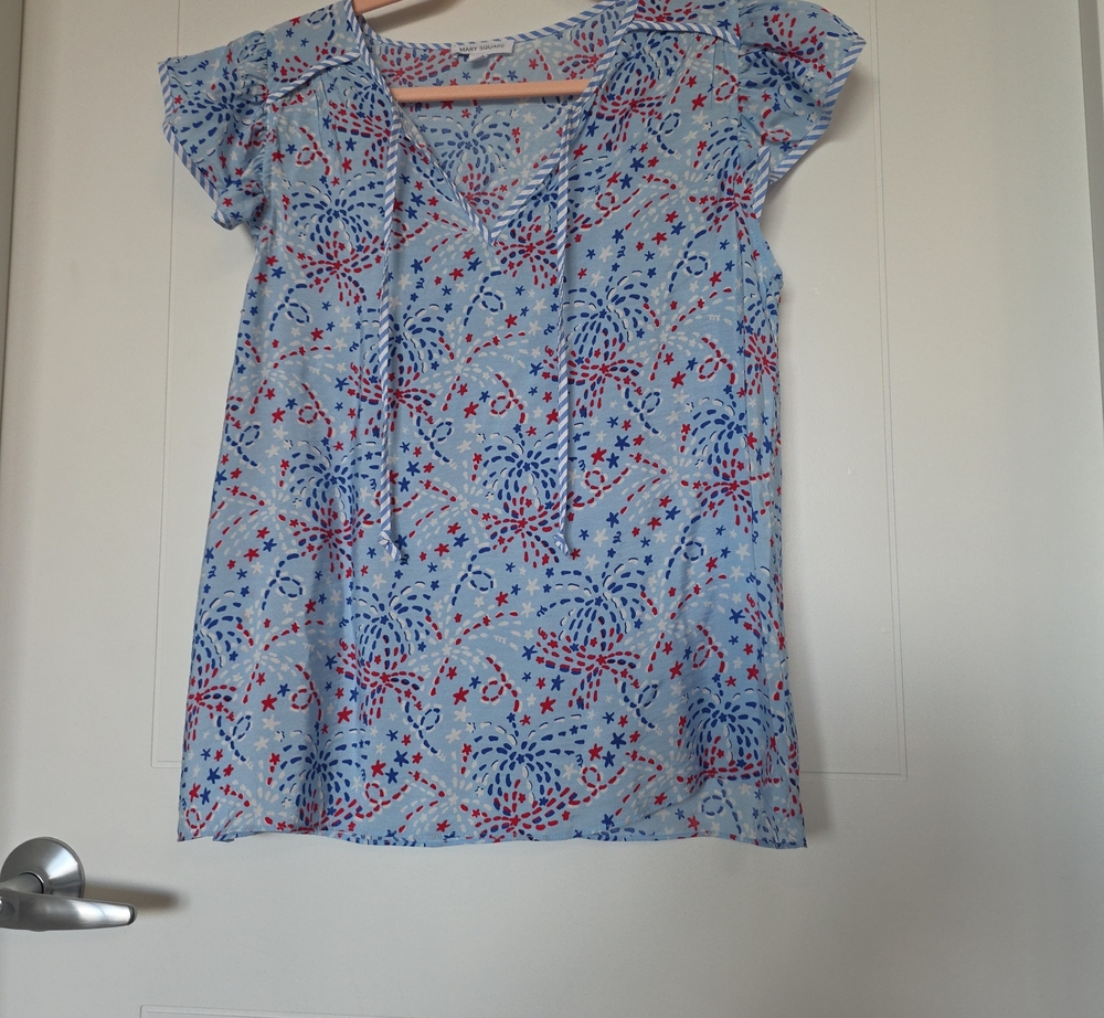 Women's Light Blue V-Neck Blouse with Red & Navy Starburst Print